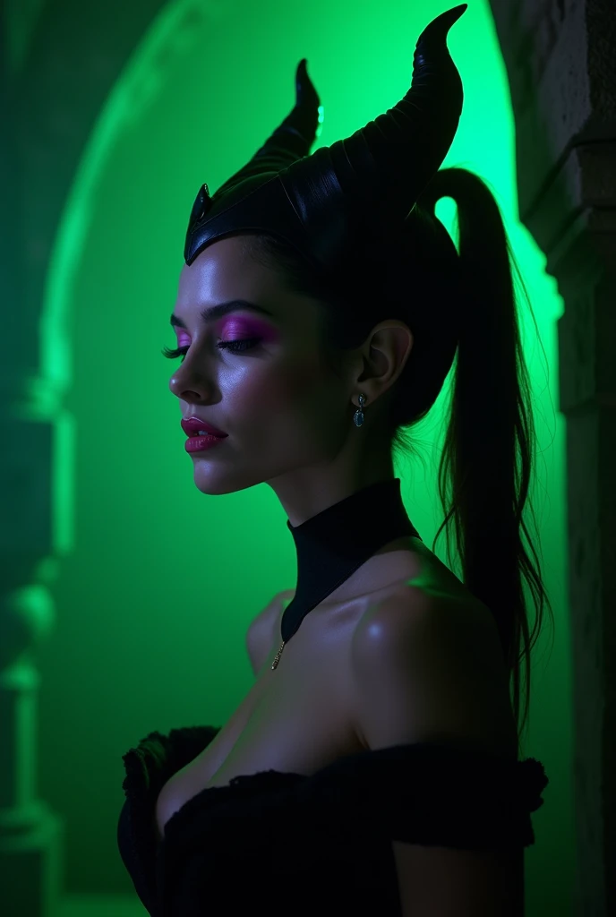 A stunning profile portrait of Maleficent, teenaged girl emphasis on her horns, purple highlights, purple reflected light, in the nude, young and beautiful, hyper realistic, real portrait, backlit, exquisite features, cleavage, sexy, seductive, unnatural light, soft light, location is the interior of a dungeon, green light, eerie, purple highlights:1.4, she is smirking, she is busty, her chin is raised, looking down at viewer, low angle shot, exquisite features, exotic, high cheekbones, (((show her full horns)))