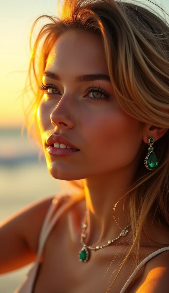 (((the light sparkles in your eyes accentuating every detail))),(((the sunlight illuminates your entire face))), SHE HAS EVERYTHING THAT MAKES A WOMAN SEXY, closeup on face, SHE HAS A ROUND FACE AND BLONDE HAIR, THE SEXIEST OF ALL WOMEN, PERFECT FEATURES, EVERY DETAIL OF HER FASCINATES THOSE WHO SEE HER, the tip of your nose is as flushed as your cheek, She has a wide mouth with full lips that are covered in pink glossy lipstick, She is happy and has a beautiful, lively smile, her honey-colored eyes look to the horizon, she wears makeup and long eyelashes, your nose is long thin UPTUCKED, his closed eyes are looking at the horizon, I can clearly see every detail of your perfection, light brown hair like her honey colored eyes,, , your eyebrow is well done and defined, She wears a bracelet, earrings and necklace made of emeralds that sparkle, your collarbone is well defined, your neck is thin, she looks like she's only 18 and looks quite young, hair fluttering in the wind, holding hair, YOUR NAILS ARE PAINTED, It's a beautiful day at the beach and she's looking out to sea on a beautiful pier leaning against the railing, It's a beautiful sunset, Golden hour, the color of the environment blends with its beauty, SHE HAS FAIR, TAN SKIN WITH A TAN MARK, your beauty is impeccable, the drops on your body wet by the sea sparkle