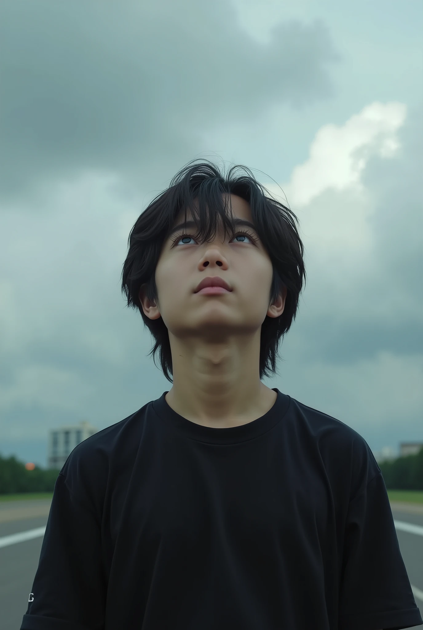 Boy with depression、Japanese、Long Hair、Black T-shirt、Ultra Close-Up、Close-up of face、Real、Looking up at the sky、Runway、Cloudy、Highest quality、Masterpiece