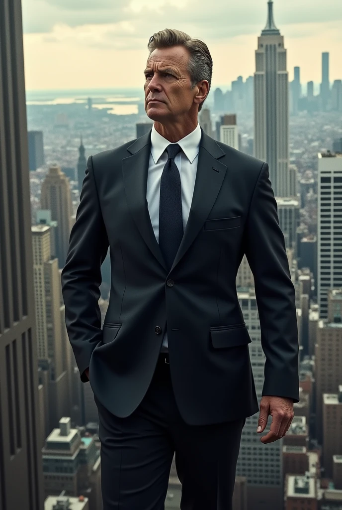 Create a thumbnail of a man with power looking out over New York