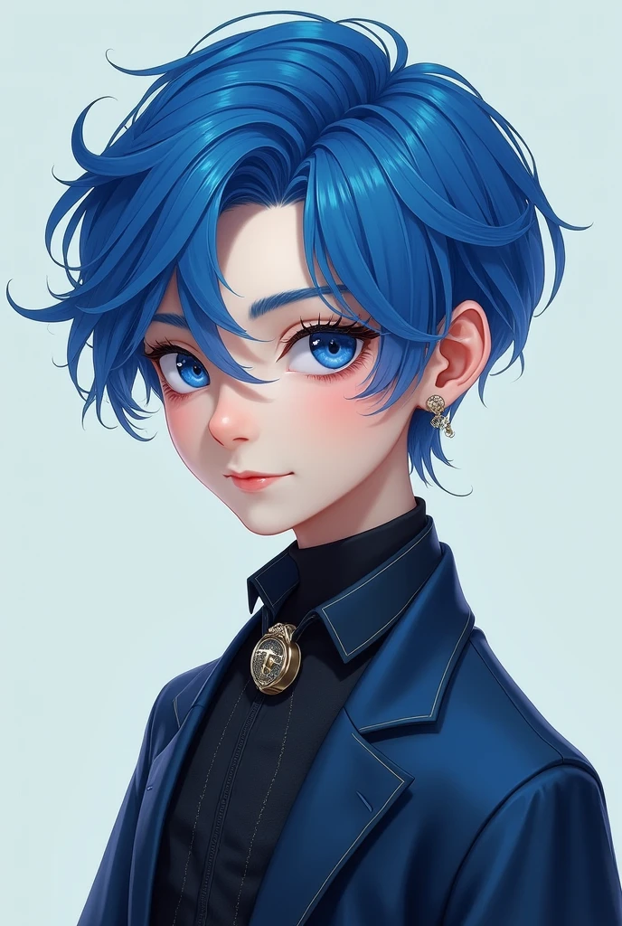 A boy with blue hair and blue eyes, with delicate and elegant appearance dressed in fashionable clothes