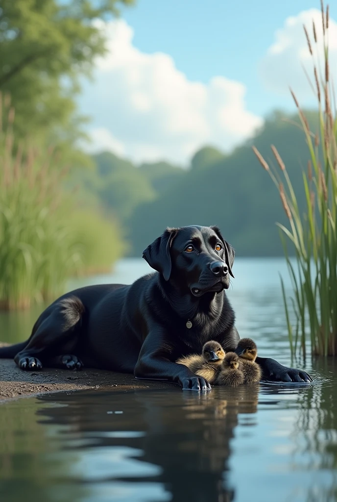 Create a realistic picture of a black Labrador which kuddeling with a duck Family at a lake