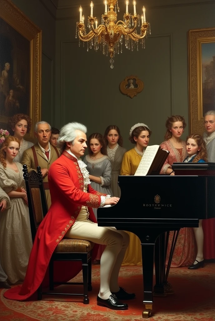 Mozart in front of the piano with people
