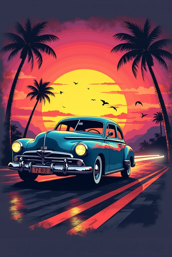 "A retro t-shirt design with a vintage car graphic driving into the sunset. The design includes neon colors, horizontal stripes, and a worn-out effect to enhance the retro feel."