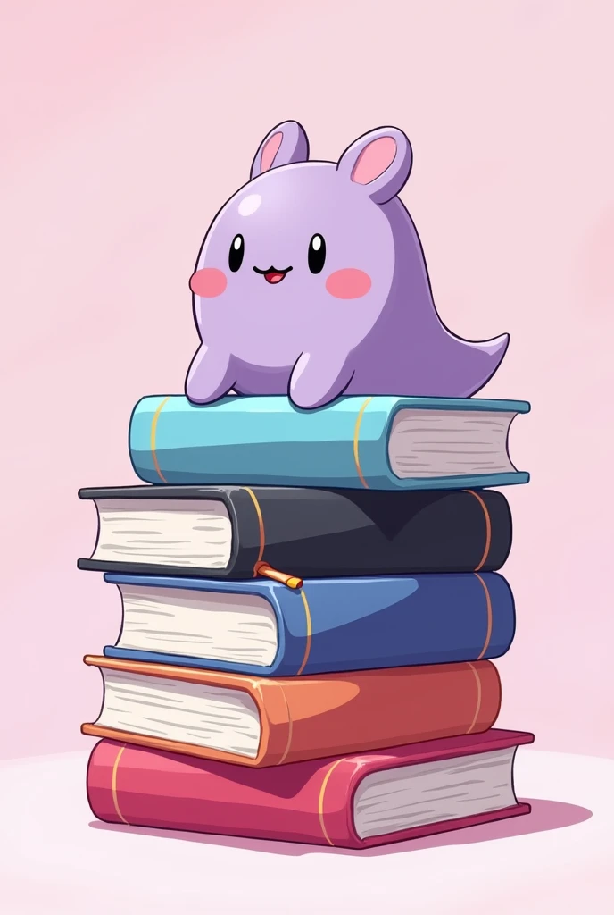 Stack of 5 books, color lila, celeste, negro, red and pink, anime style