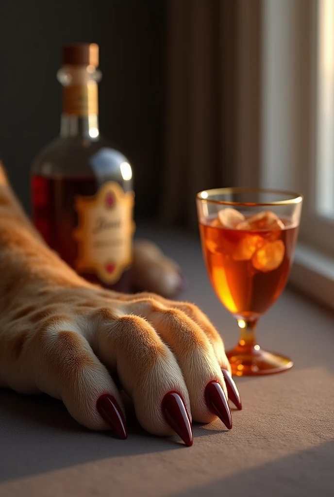 Elegant lioness paw with nails painted next to a sophisticated drink and a bottle