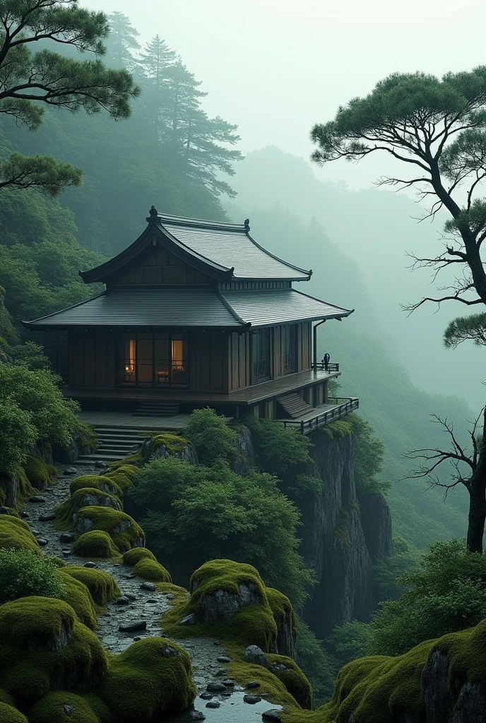 a traditional japanese house in the middle of a dense forest on a mountain, detailed architecture, ornate roof, wooden walls, sliding doors, zen garden, mossy rocks, lush greenery, fog, dramatic lighting, cinematic composition, muted color palette, painterly style