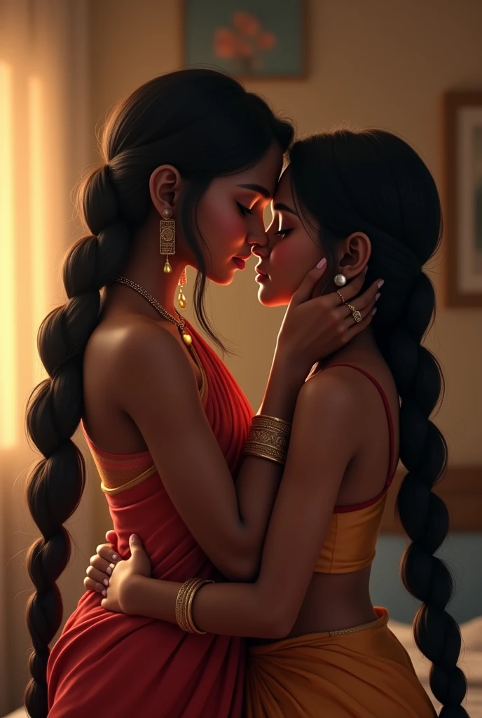 Create a image of a 2 indian girl in a room long black silky hair in braided style and her boyfriend 2 kissing her neck from back