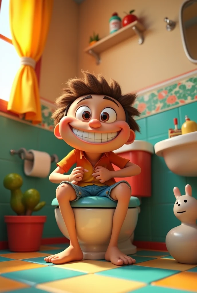 Character Tito from the cartoon Mundo Bita smiling and using the toilet in a bathroom with a random theme from the cartoon Mundo Bita