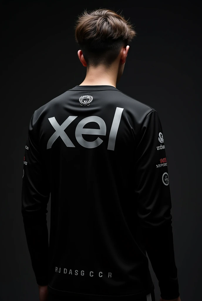 a very close back shot with side pose of a skinny guy without head wearing a black eSports jersey with long sleeves with sponsorships and with "XEL" written on the back with black background 