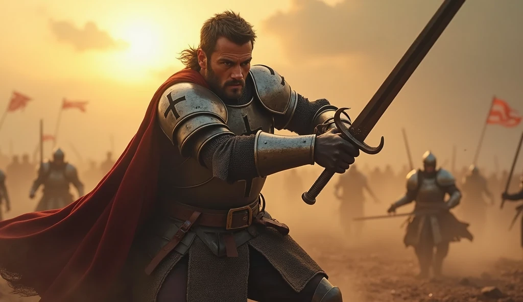 (masterpiece, best quality:1.5), (focused on the protagonist:1.4), (short hair, rugged, battle-worn face:1.3), intense expression, medieval knight, cross-emblazoned armor, sword mid-swing, powerful downward strike, dynamic motion, muscles tensed, dust and debris flying, battlefield setting, scattered enemies in the background, sunrise casting golden light, dramatic shadows, cinematic lighting, (front view, centered, full-body shot), cape flowing with the motion, wind sweeping through the battlefield, (hyper-detailed, ultra-realistic:1.4)