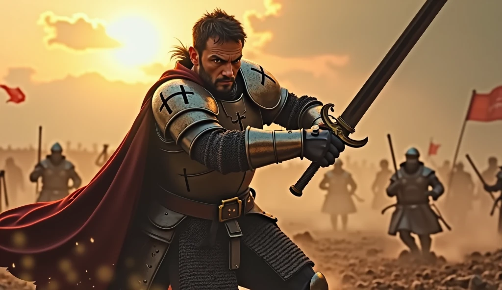 (masterpiece, best quality:1.5), (focused on the protagonist:1.4), (short hair, rugged, battle-worn face:1.3), intense expression, medieval knight, cross-emblazoned armor, sword mid-swing, powerful downward strike, dynamic motion, muscles tensed, dust and debris flying, battlefield setting, scattered enemies in the background, sunrise casting golden light, dramatic shadows, cinematic lighting, (front view, centered, full-body shot), cape flowing with the motion, wind sweeping through the battlefield, (hyper-detailed, ultra-realistic:1.4)