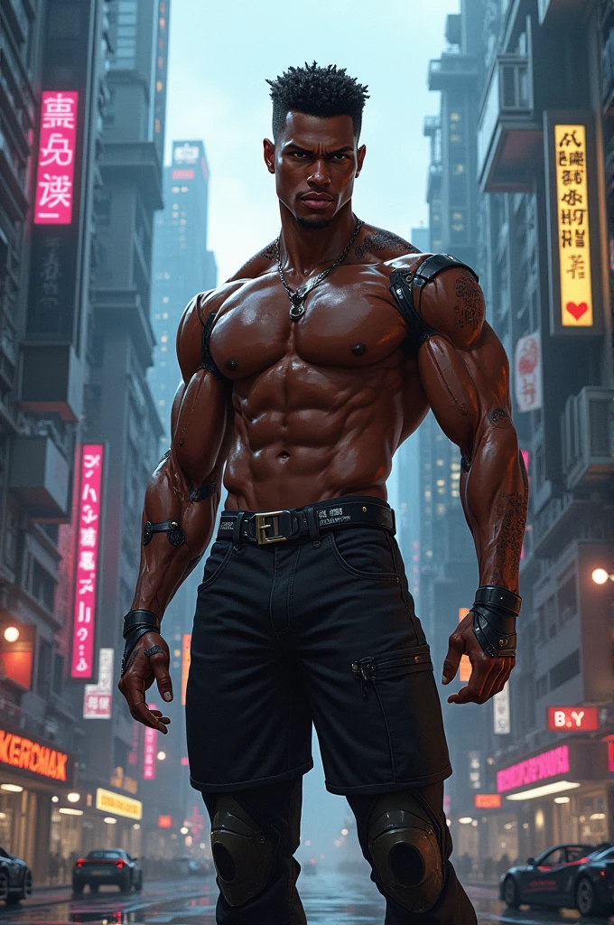 A muscular age black boy in cyberpunk era
