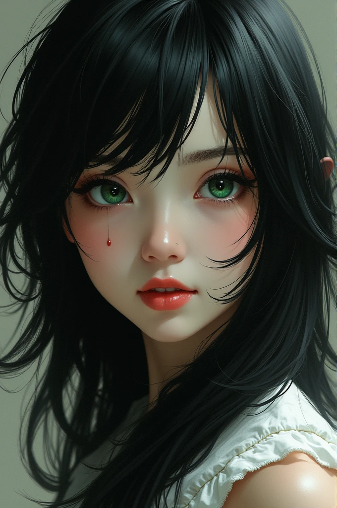 A character with shoulder length black hair, sharp. Emerald eyes, fair skin colour, small scar next to the eye, and has a smile that looks spine chilling. Her name is Evelyn. Looks beautiful and fierce. Have unique details on her face