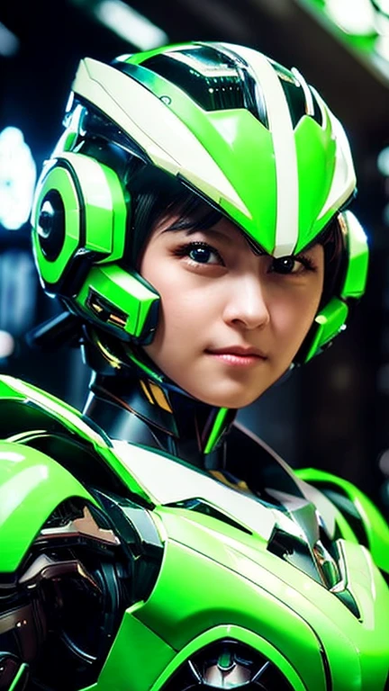 Wide-angle shot, 1 female, Mecha, Glowing green-black eyes, Very cute face, (Realistic:1.37), バイオMechaニカル, Spaceship interior bokeh background, Ultra-realistic, Very detailed, Very intricate details, Beautiful woman in focus、green、