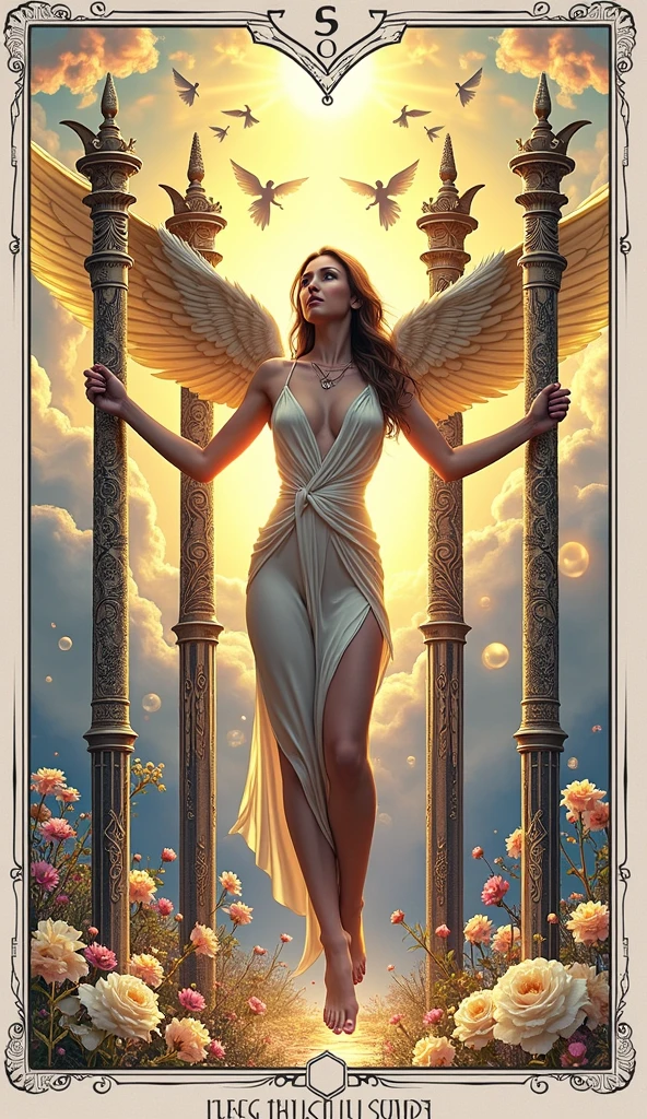 Generate an extraordinary, hyper-realistic image for the Four of Staffs in the Lumen Angelis Tarot deck. Four radiant staffs should dominate the scene, forming a sacred and harmonious structure. The four staffs stand tall, creating a perfect square or rectangular frame, symbolizing stability, celebration, and the grounding of divine energy.
An angelic figure stands gracefully within this luminous frame, their wings gently touching the tops of the four staffs as if blessing them. Each staff is uniquely adorned with intricate celestial engravings and emits a soft, pulsing light that resonates with the other staffs, connecting them through a network of divine energy.
In the background, a heavenly celebration unfolds, with other angelic beings joyously dancing and flying in the ethereal sky. Glowing orbs of light float around the scene, adding to the festive atmosphere. The ground beneath the angel is a lush, celestial garden, with flowers that glow softly, symbolizing abundance and joy.
The entire scene is bathed in a golden, radiant light that enhances the sense of harmony and divine blessing. The four staffs are clearly visible, standing as pillars of light, representing the foundation of happiness and fulfillment in the journey ahead.