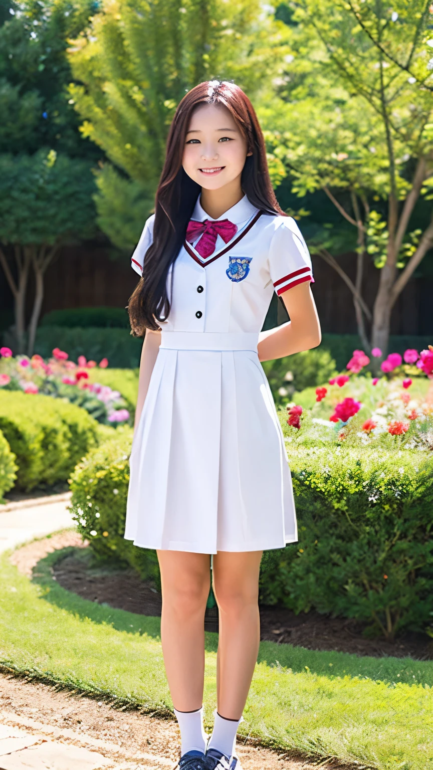 garden、Standing Alone、Realistic、High school girls、Long black hair、Summer uniform、Cute Face、Smiling、Full body portrait