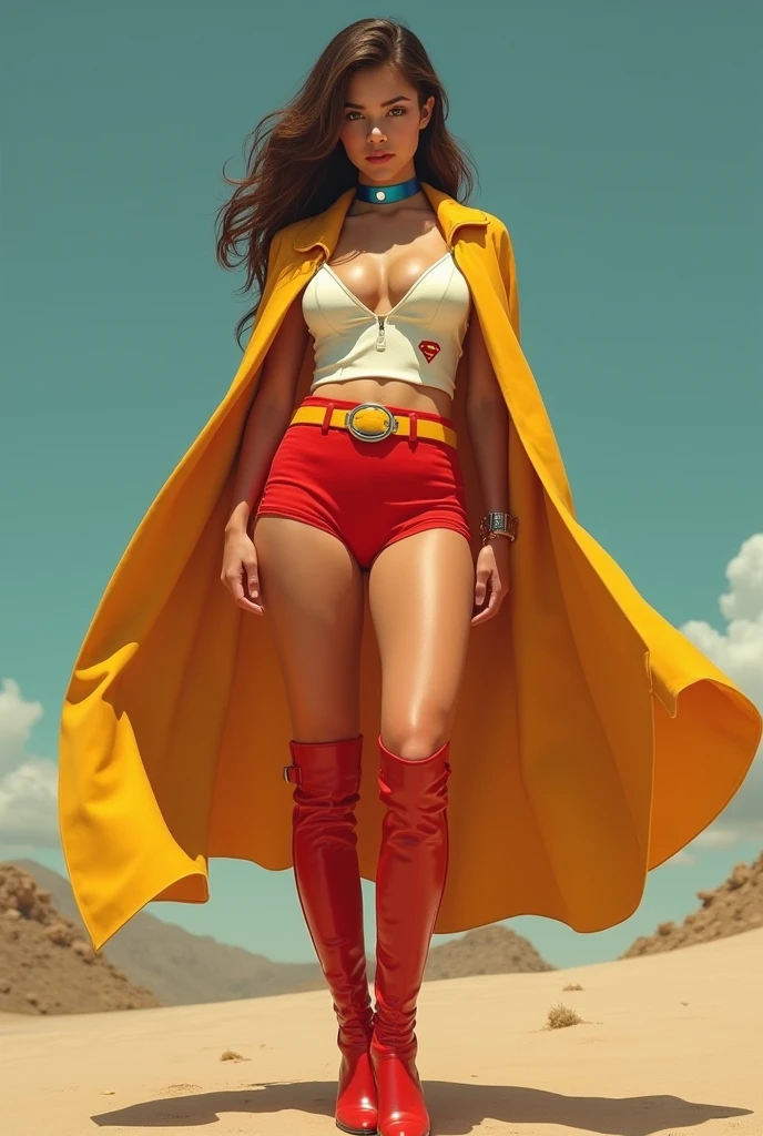 A SEXY BUSTY FEMALE WEARING A 1970 BLUE OPEN V BUTTONLESS FULL LENGTH PLEASANT BLOUSE WITH A SMALL "S"EMBLEM ON THE RIGHT SIDE OF HER CHEST, A PAIR OF RED SHORTS WITH A YELLOW BELT, TALL RED HEELED BOOTS, A BLUE CHOKER, AND A LONG FLOWING RED CAPE.
