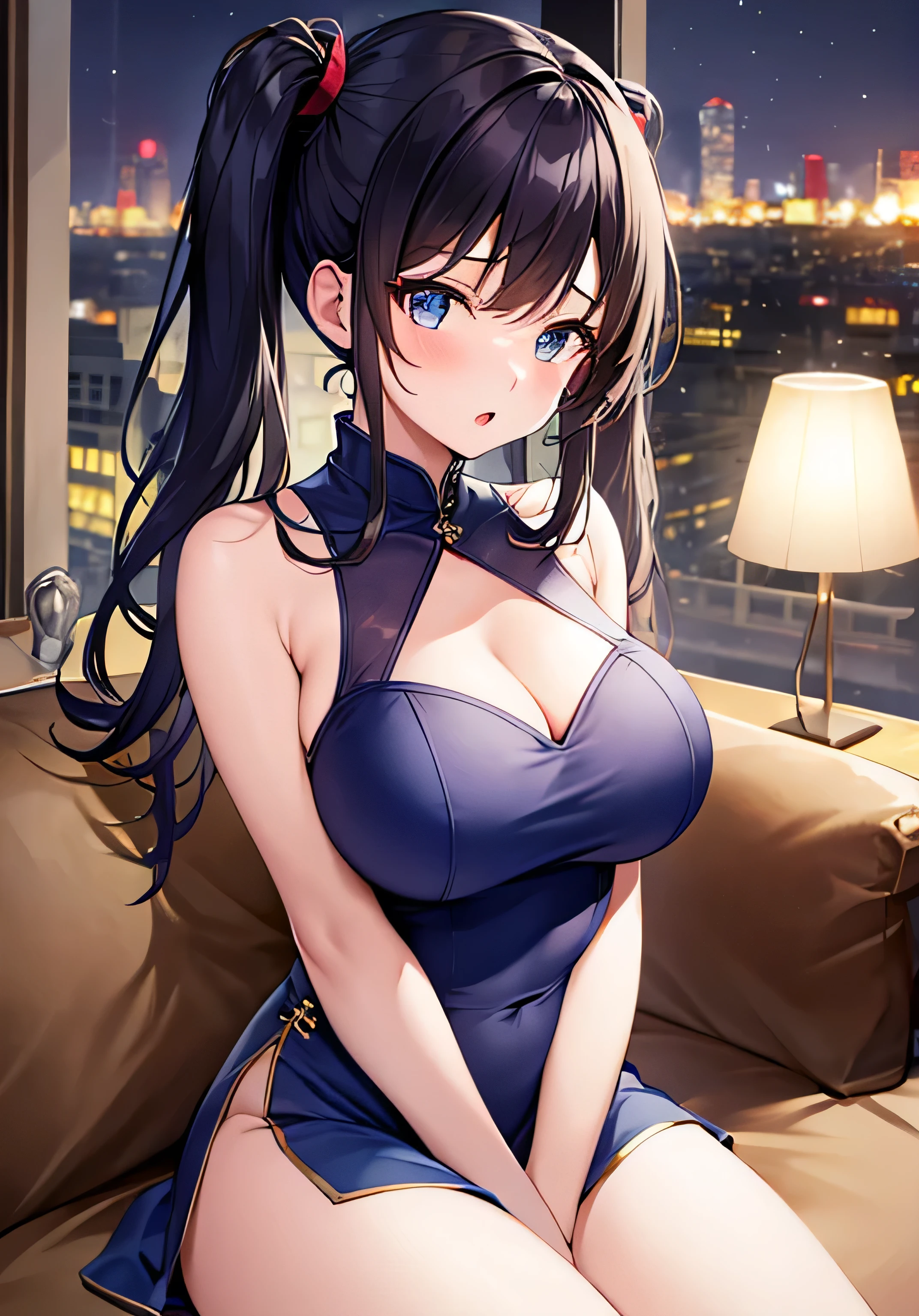 masterpiece、Highest quality、Ultra-high resolution、nsfw、age girl with big breasts、twin tail hairstyle、black hair、Red face、shyly、open your mouth just a little、Blue cheongsam dresses with visible cleavage for teengirls、Blue Mini Tight Skirt with Slit、Blue Form-fitting dresses with visible cleavage for teenage s、sit on the sofa、Inside an hotel with a night view of a high-rise building、at night time