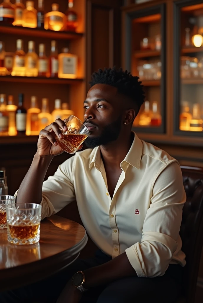 Jeune homme africain vetu d’une belle chemise assis dans un bar avec un whisky à la main