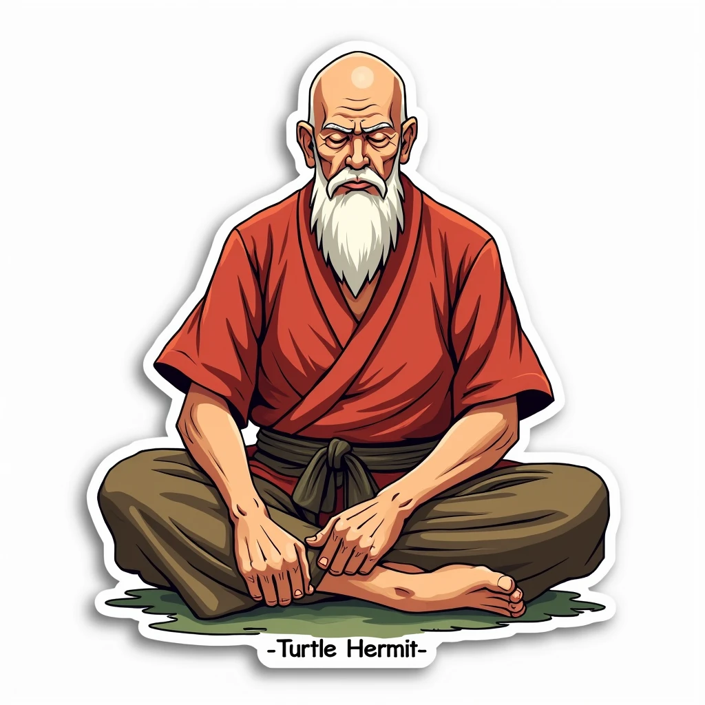 "Turtle Hermit Wisdom" Sticker: This sticker depicts Master Roshi in his iconic red Hawaiian shirt, sitting in a meditative pose. The design features a simple yet striking color palette of earthy tones, with the text "Turtle Hermit Wisdom" prominently displayed. The sticker celebrates Roshi's role as a wise, experienced martial arts master, on a white background.