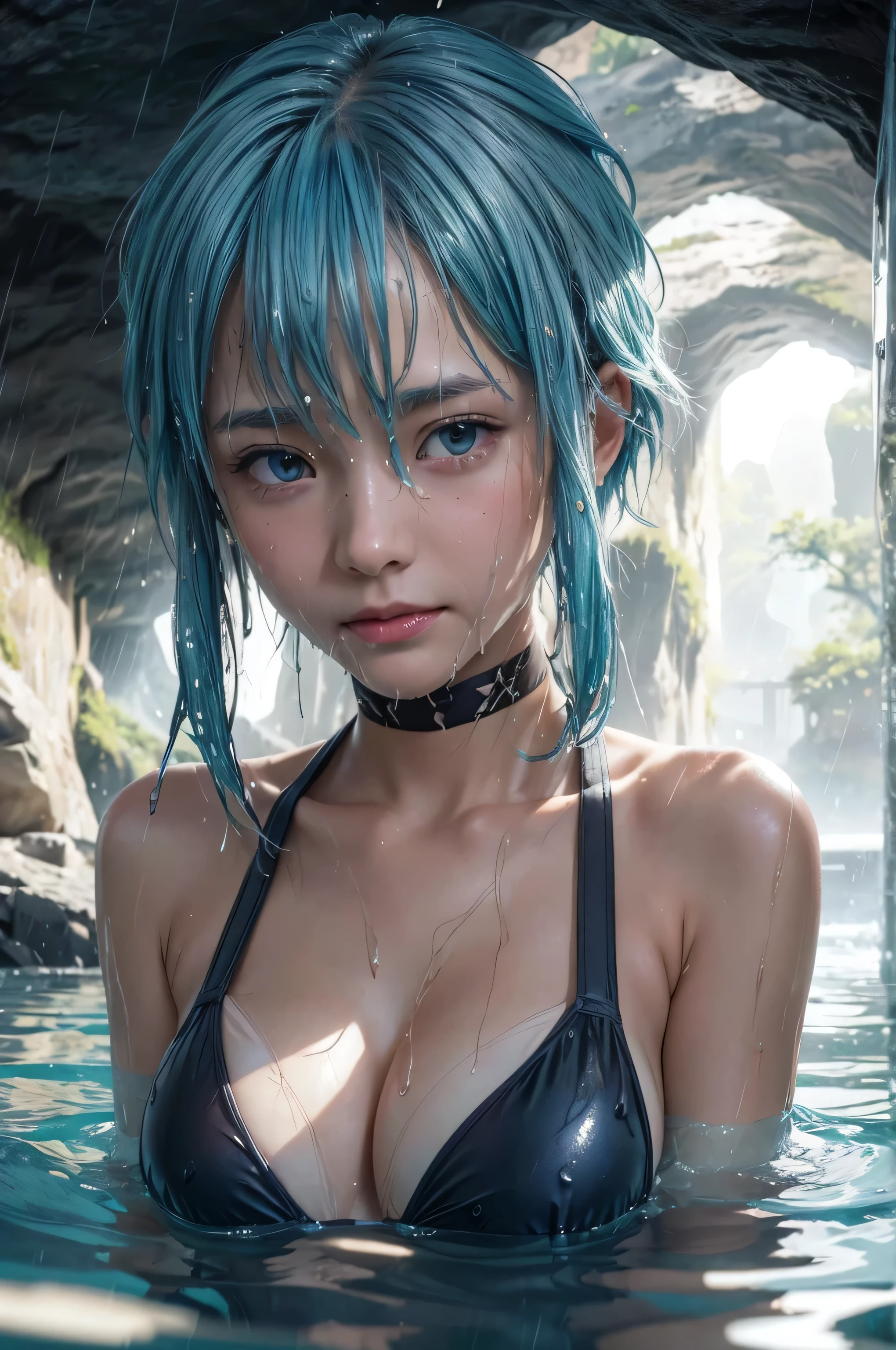 masterpiece, best quality, (realistic,photo-realistic:1.4), (RAW photo:1.2), extremely detailed CG unity 8k wallpaper, delicate and beautiful, amazing,finely detail, official art, absurdres, incredibly absurdres, huge filesize, ultra-detailed,extremely detailed eyes and face,light on face,sinon,(little smile),(blue hair:1.4),(short hair:1.4),(wearing bikini:1.5),(raining background:1.4),(sidelocks:1.4),hair clips,(wet body:1.5),(cave background:1.5)