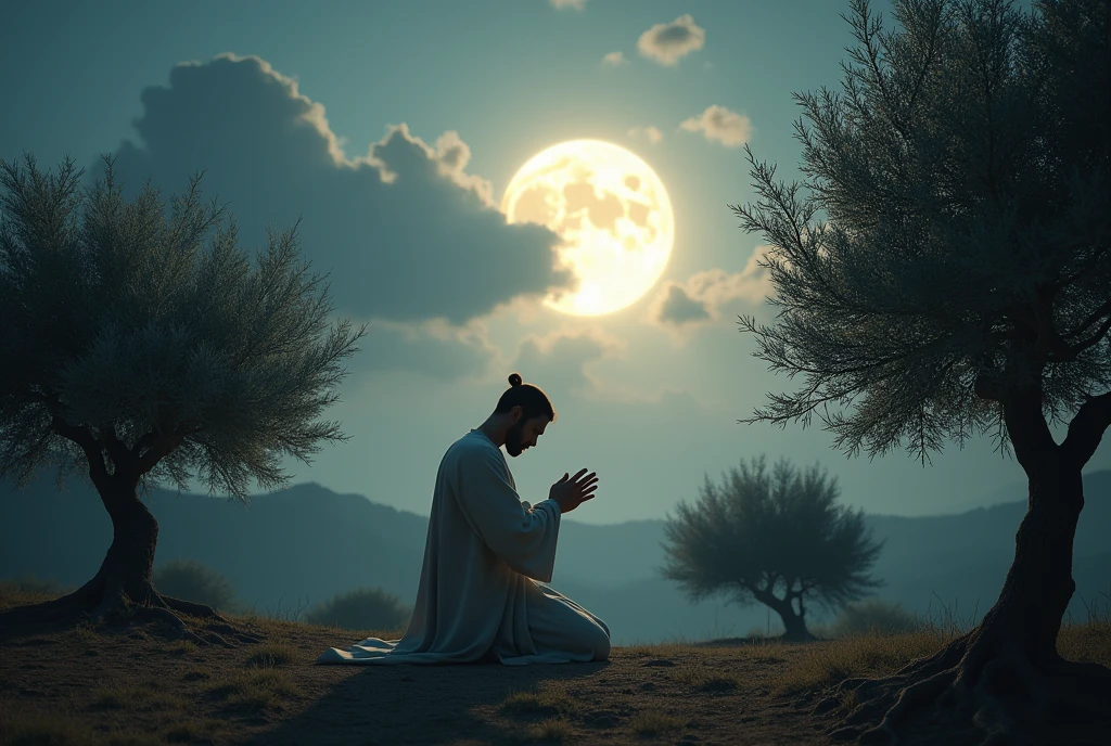 A man kneeling in prayer, jesus, Olive Garden, Mountain top, night landscape with moonlight and clouds, Neutral Colors, luminous and majestic aura of Christ, (best qualityer,4K,8k,high resolution,work of art:1.2),ultra detali,(realisitic,photorealisitic,photo-realisitic:1.37),HDR,ultra HD,studio lighting,ultra-fine painting,sharp focus,Physically based rendering,extreme detailed description,proffesional,bright coloured,bokeh,religious,espiritual,atmospheric,cinematic,dramatic lighting