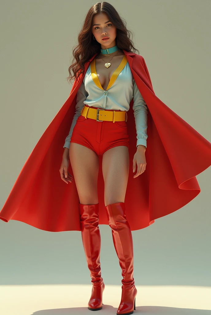 A SEXY BUSTY TEEN FEMALE WEARING A 1970 BLUE OPEN V BUTTONLESS FULL LENGTH PLEASANT BLOUSE WITH A SMALL "S"EMBLEM ON THE RIGHT SIDE OF HER CHEST, A PAIR OF RED SHORTS WITH A YELLOW BELT, TALL RED HEELED BOOTS, A BLUE CHOKER, AND A LONG FLOWING RED CAPE.