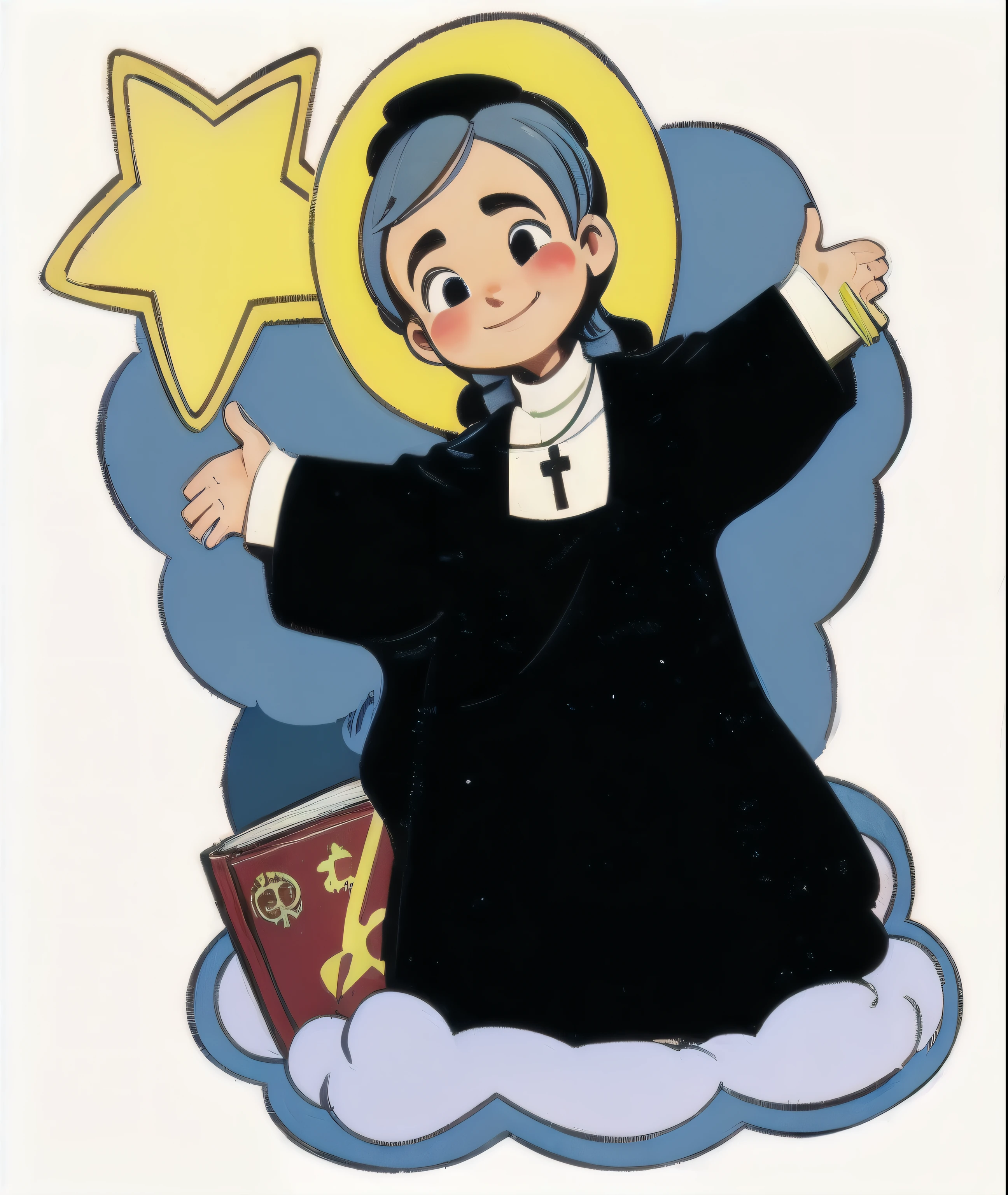 a cartoon of a priest smiling, star, school book, clouds