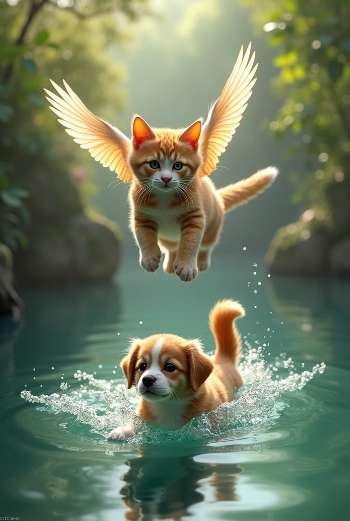 A cat flying and a dog swimming