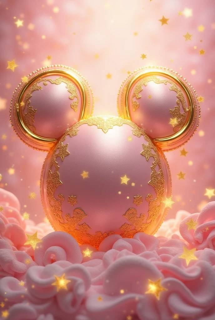 Create Mickey Mouse mud with a gold outline with a light pink gradient, with fantasy theme, with gold stars and swirling patterns, the logo should resemble the real appearance, Predominantly pink with intricate shiny gold embellishments with rich patterns. The overall aesthetic should be magical and majestic., making the background look like a background of a fantasy realm.