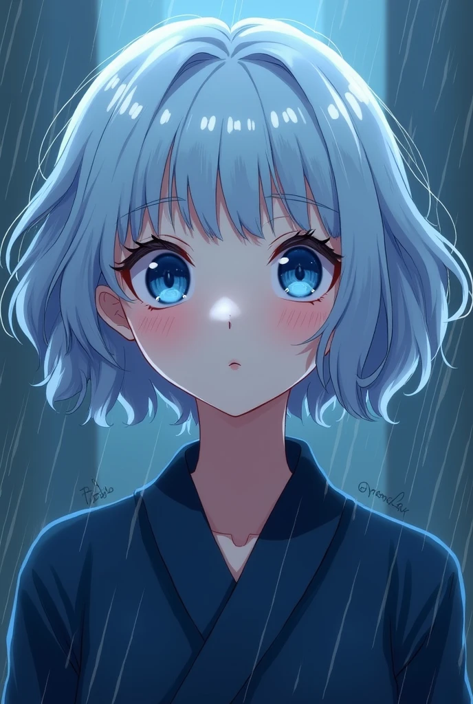 Anime girl with LAZY AND HAKF LIDDED and striking blue eyes with slit pupils and pale blue hair curly hair cut in a BOYCUT
She's wearing a dark blue tunic and with droplets floating around her
Rain