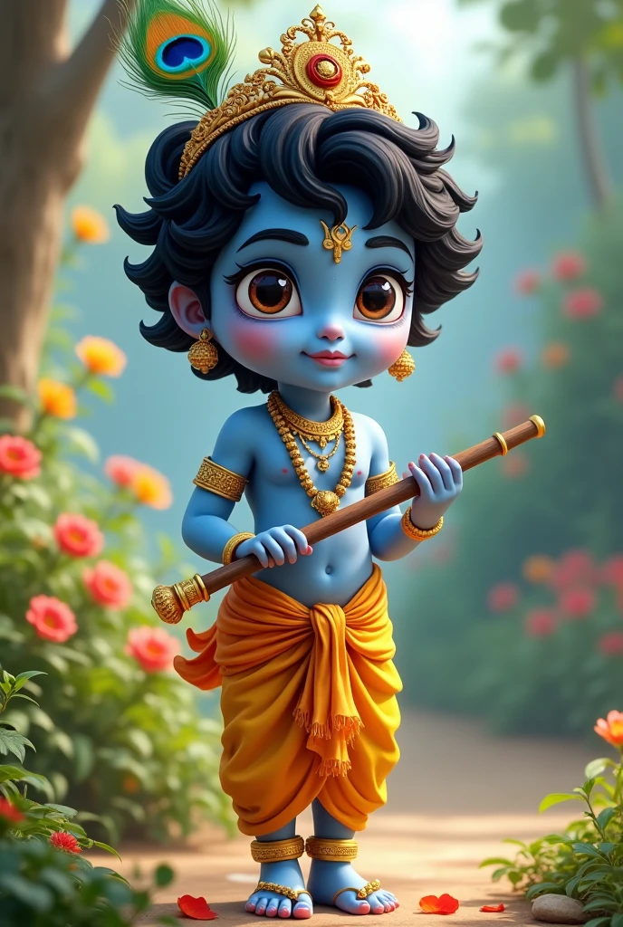 (photorealism:1.2), beautiful realistic image of lord krishna ,subtle blue face, realistic peacock feather in his hair,soft lighting, plants in background,  realistic, intricate details, warm color, young lord krishna, mischievous smile, flute,no blush 