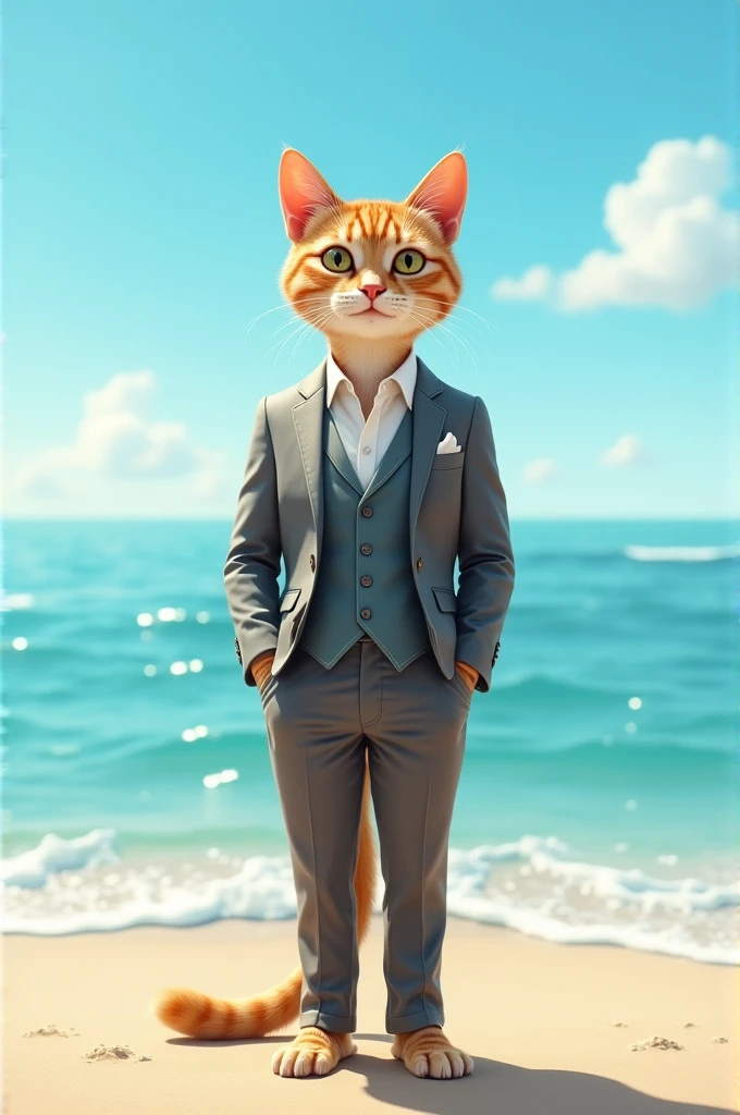 A cat wearing summer suit is standing near the ocean