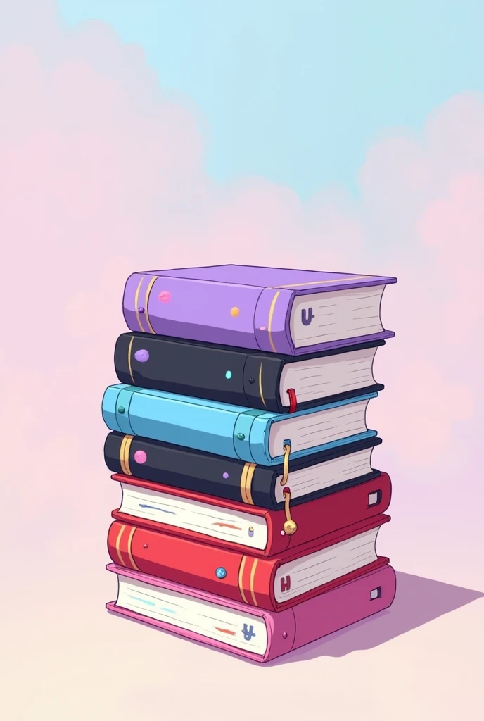 Stack of 5 books, color lila, celeste, negro, red and pink, anime style