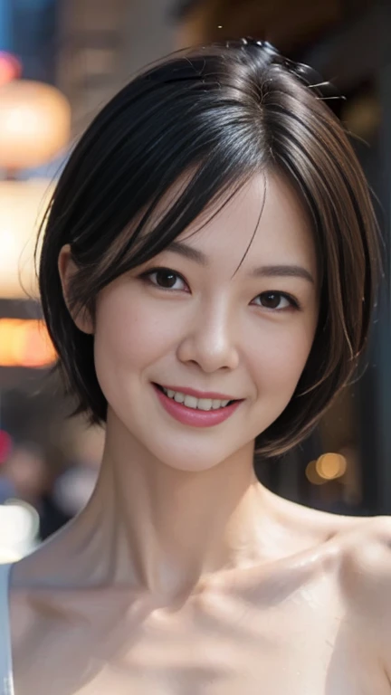 Cute 2,1 person,Slim face ,8k,Super Realistic image quality,Dynamic Shadows,Sparkling eyes,Clear black eyes,Cinema Lighting,Dark back alley,night,Darkness of the city,suit, ((face close up:1.5)),((A smile showing white teeth)),((short hair)),((Very short bangs)),close, 8k, RAW Photos, Highest quality, masterpiece,Realistic, photo-Realistic,