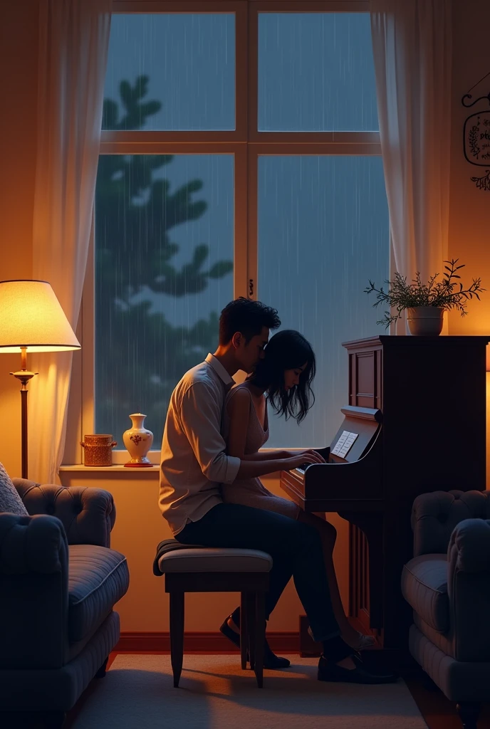 Big living room, cozy with sofas and center table, warm lighting, raining outside, dark night time, beautiful window, man playing an upright piano, women  sitting besides, smiling with her head leaned on his shoulder face not visible 
