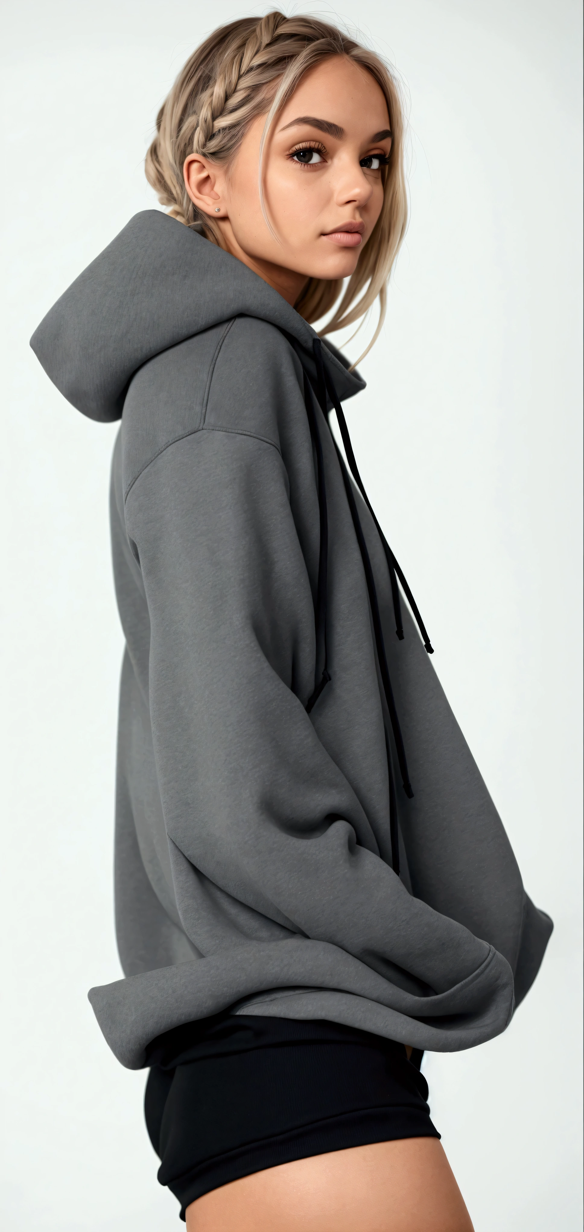 a woman in a gray hoodie and black shorts posing for a picture, girl wearing hoodie, gray hoodie, wearing hoodie, wearing an oversized hoodie, grey hoodie, oversized hoodie, in a hoodie, hodie mihi cras tibi, oversized, wearing a hoodie, hoodie, grey hoodie opened, in a black hoodie, dark grey, wearing a hoody, wearing sweatshirt