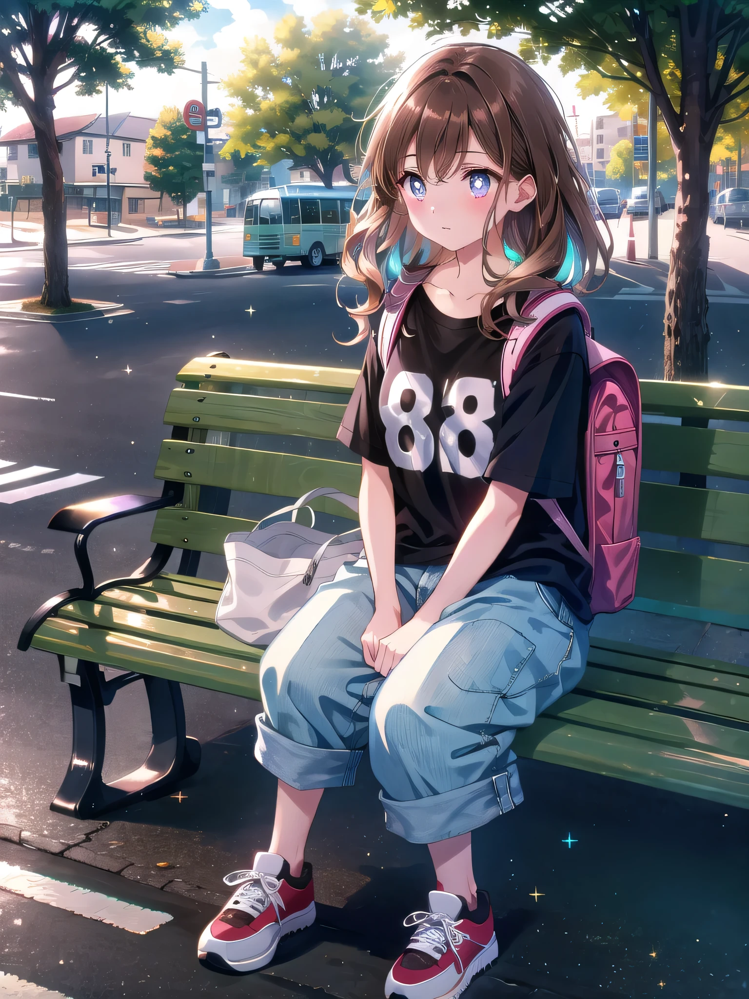 ((8k, Highest quality, masterpiece: 1.3)),Ultra-high resolution,(1 girl, alone), (Color changing eyes, Ultra-detailed, Expressive brilliance, Glitter, Glowing Eyes), Highly detailed eyes, Highly detailed face, Random Hair, ((pastel colour))A young girl with wavy, dark brown hair stands at a bus stop, her backpack slung over one shoulder. She’s wearing a casual outfit—jeans, a T-shirt, and a light jacket, with sneakers on her feet. Her expression is one of calm patience as she waits for the bus, her eyes occasionally glancing down the street. The bus stop is located on a quiet street, with a few trees lining the sidewalk and a bench nearby. The sky is clear, with a few clouds drifting by, and the sun is shining brightly, casting a warm light on her. She adjusts her backpack, shifting her weight slightly as she waits.