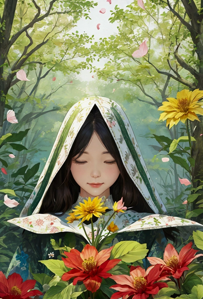 A nature scene, solorful petals and leaves all over the place, cross-stitch pattern