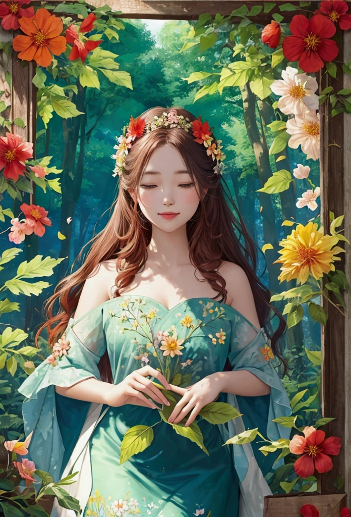A nature scene, solorful petals and leaves all over the place, cross-stitch pattern