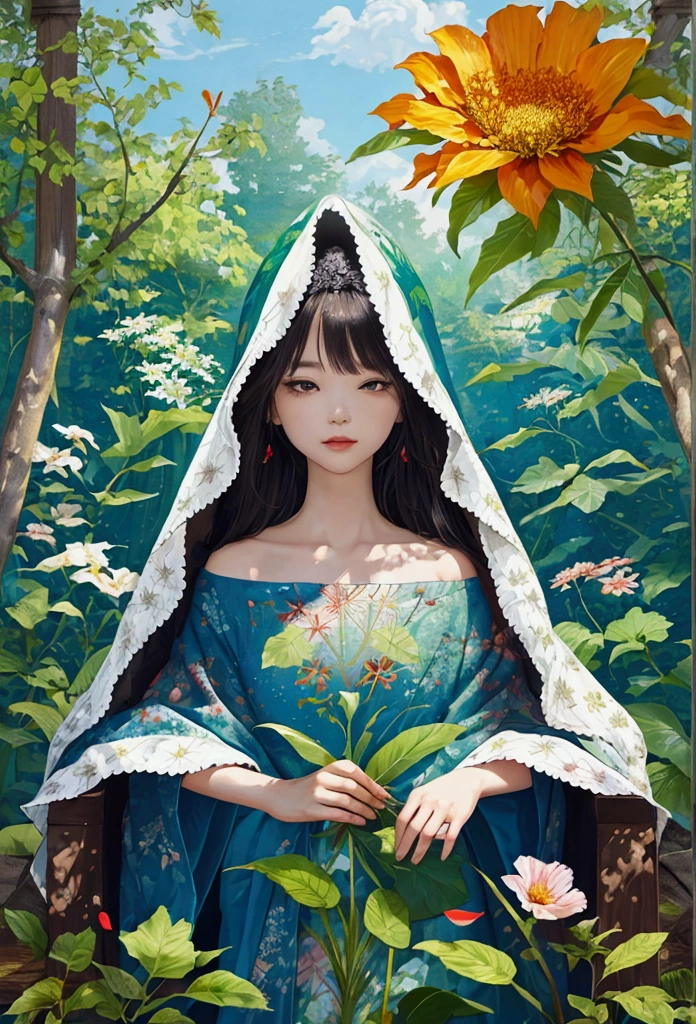 A nature scene, solorful petals and leaves all over the place, cross-stitch pattern