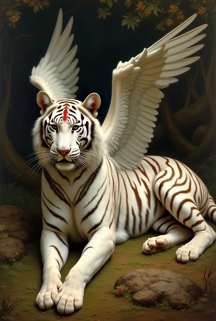 By Gustave Moreau, oil Painting, in muted colors, dramatic lighting, profile portrait of a reclined winged white tiger with a red diamond shape on his forehead, jungle background.