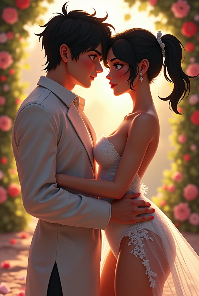 Jason and Bee in their wedding dresses. Bee's dress was quite tight and revealing.
Jason :male,White man, black hair,blue eyes, He looks handsome and cool.rough
Bee:A girl with short hair, black hair, brown eyes she fair skin, huge breasts,beautiful, sexy