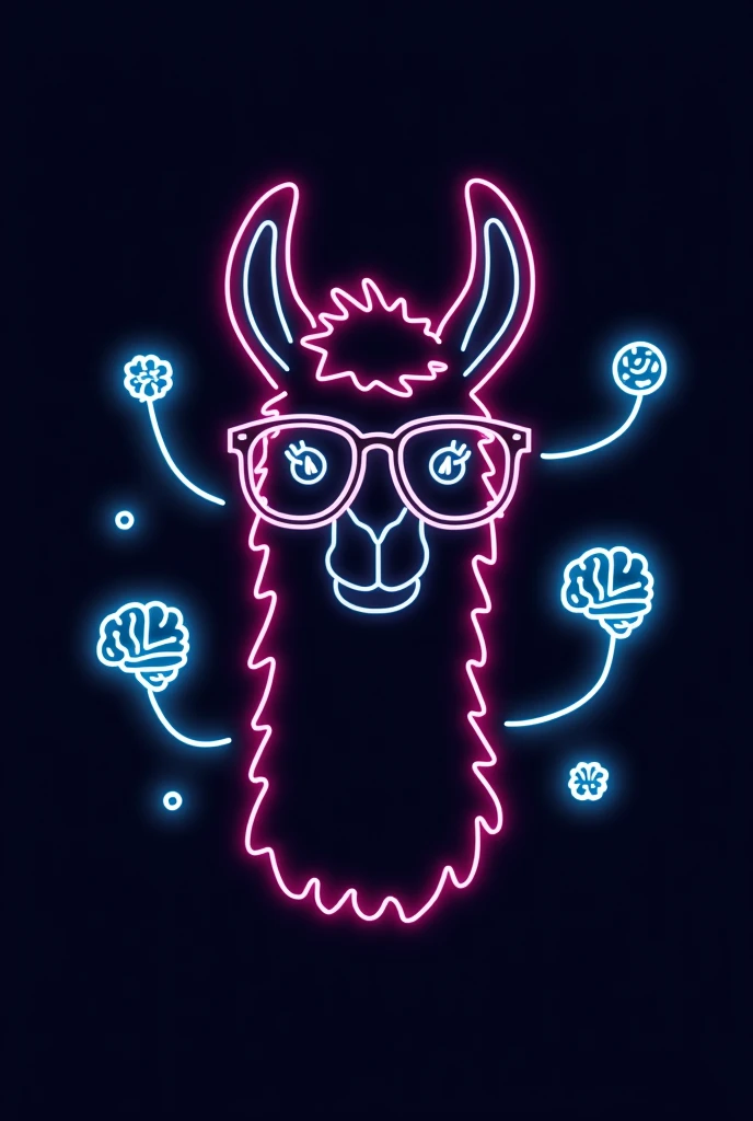 A minimalistic emblem featuring the outline of a llama wearing glasses, drawn with neon colors. The llama is surrounded by multiple simple brain icons, with thin neon lines extending from the llama’s head to the brain symbols, as if the llama is "thinking" or "analyzing." The design is purely an outline with no detailing, creating a clean and modern look. Bright neon lines on a dark background emphasize the psychology theme, making this a vibrant and engaging student poster for a psychology department party.