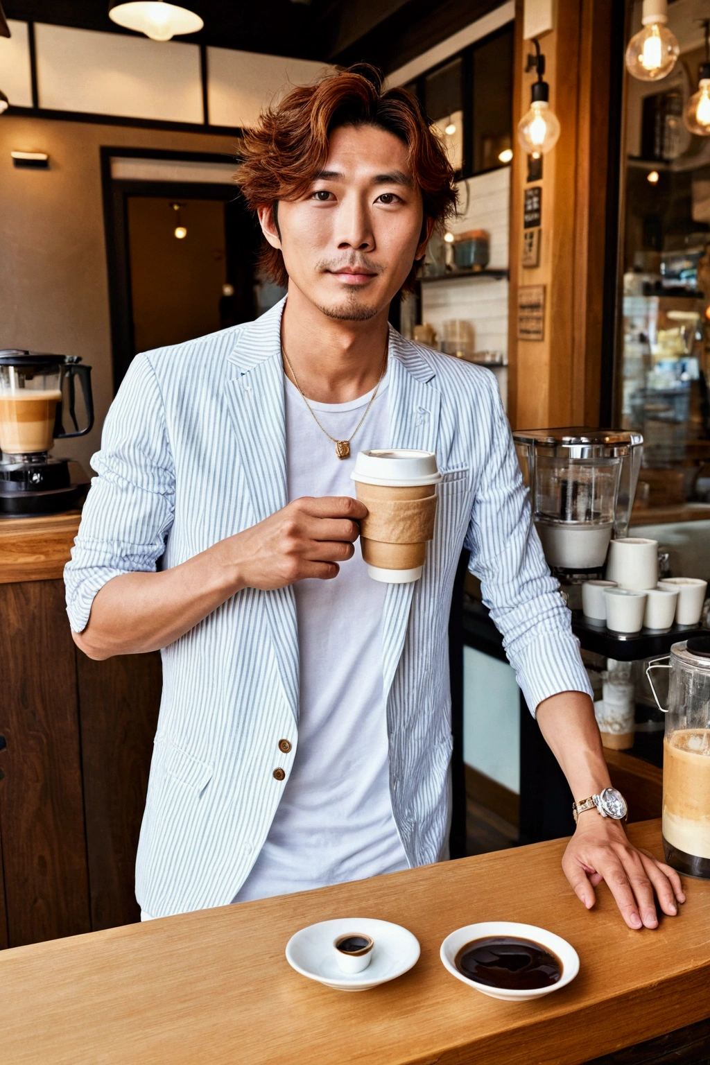 Super handsome Japanese men、Slightly droopy eyes、Healing、Full body image、Drinking coffee、Summer outfit、cool、Stylish coffee shop、((One Man))