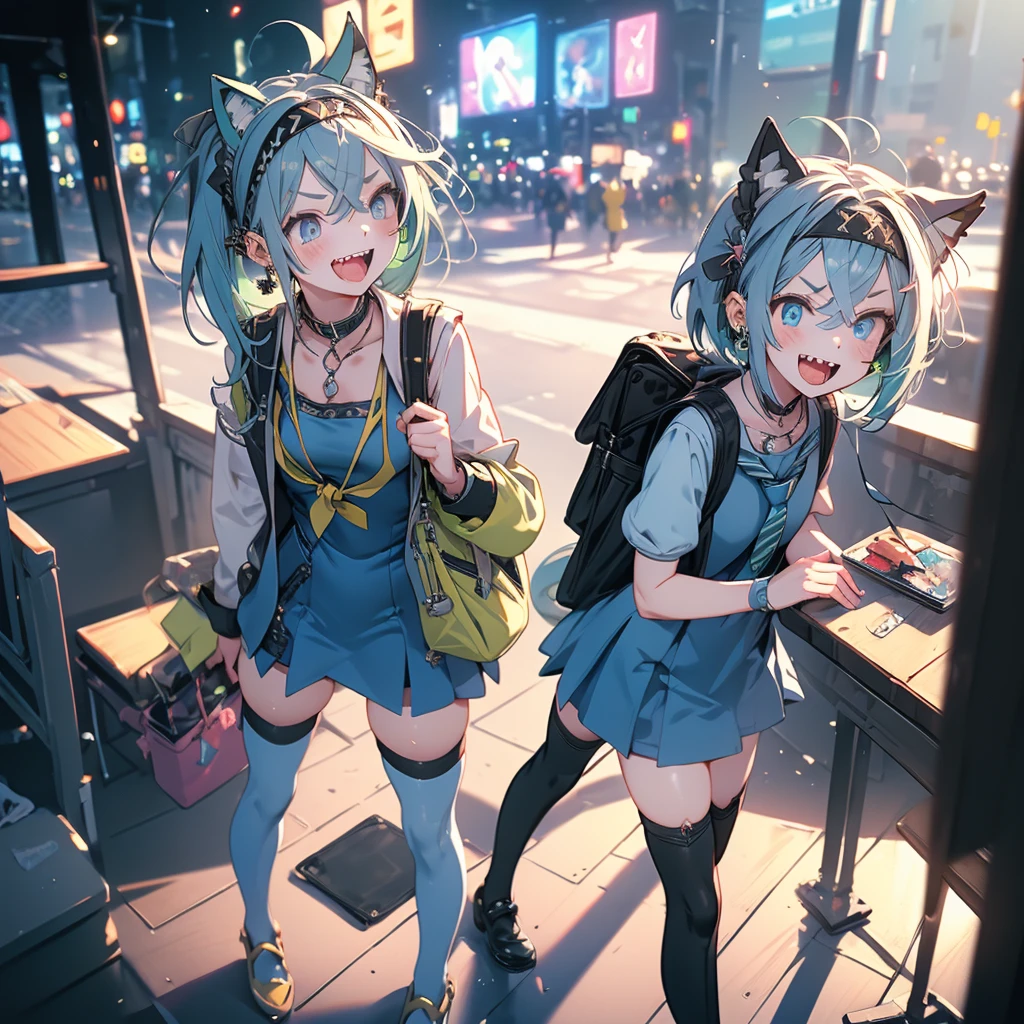 (12k, RAW Photo, Top Quality, Refined Details, Masterpiece: 1.2), (Highly Detailed 12k Wallpaper), Professional Lighting, Depth of Field, Cinematic Lighting, Blurred Background, BREAK 1girl, Solo, Smile, Full body, Android, Joint, Mechanical slender tail, (Blue thigh-high socks: 1.4), (Green hair: 1.2), (Blue dress: 1.2), (Yellow tie: 1.2), (Pink boots ) :1.2), (with white sleeves: 1.2), animal ears, school bag, short hair, headband, earrings, cat ears, cat tail, blue eyes