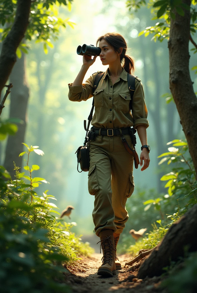 woman in zoologist outfit hiking in the forest with binoculars or camera in hand