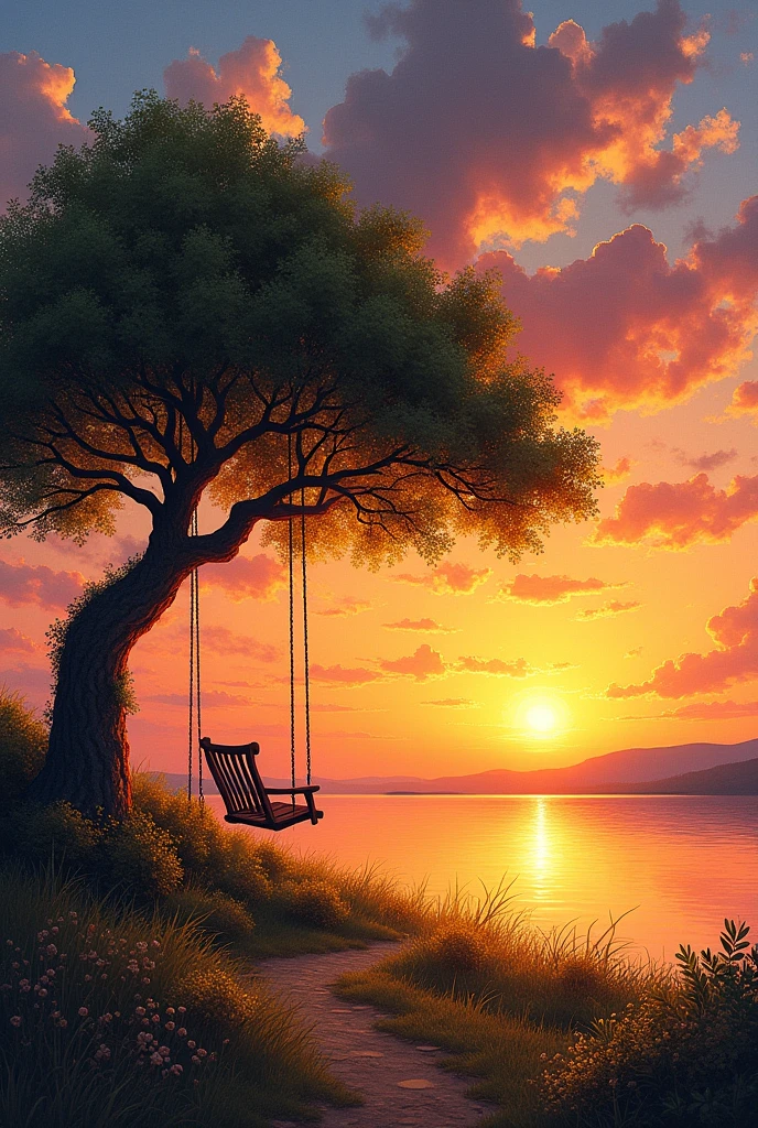 a drawing on a canvas 
of a sunset scene  having a bushed tree at the corner with a swing
