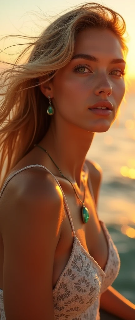 (((the light sparkles in your eyes accentuating every detail))),(((the sunlight illuminates your entire face))), SHE HAS EVERYTHING THAT MAKES A WOMAN SEXY, closeup on face, SHE HAS A ROUND FACE AND BLONDE HAIR, THE SEXIEST OF ALL WOMEN, PERFECT FEATURES, EVERY DETAIL OF HER FASCINATES THOSE WHO SEE HER, the tip of your nose is as flushed as your cheek, She has a wide mouth with full lips that are covered in pink glossy lipstick, She is happy and has a beautiful, lively smile, her honey-colored eyes look to the horizon, she wears makeup and long eyelashes, your nose is long thin UPTUCKED, his closed eyes are looking at the horizon, I can clearly see every detail of your perfection, light brown hair like her honey colored eyes,, , your eyebrow is well done and defined, She wears a bracelet, earrings and necklace made of emeralds that sparkle, your collarbone is well defined, your neck is thin, she looks like she's only 18 and looks quite young, hair fluttering in the wind, holding hair, YOUR NAILS ARE PAINTED, It's a beautiful day at the beach and she's looking out to sea on a beautiful pier leaning against the railing, It's a beautiful sunset, Golden hour, the color of the environment blends with its beauty, SHE HAS FAIR, TAN SKIN WITH A TAN MARK, your beauty is impeccable, the drops on your body wet by the sea sparkle